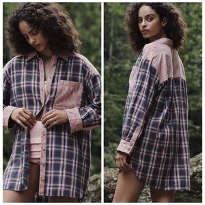 Anthropologie Flannel Oversized Boyfriend Buttondown Shirt Plaid Striped Sz Med